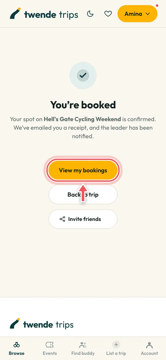 The You're booked confirmation page with View my bookings circled.