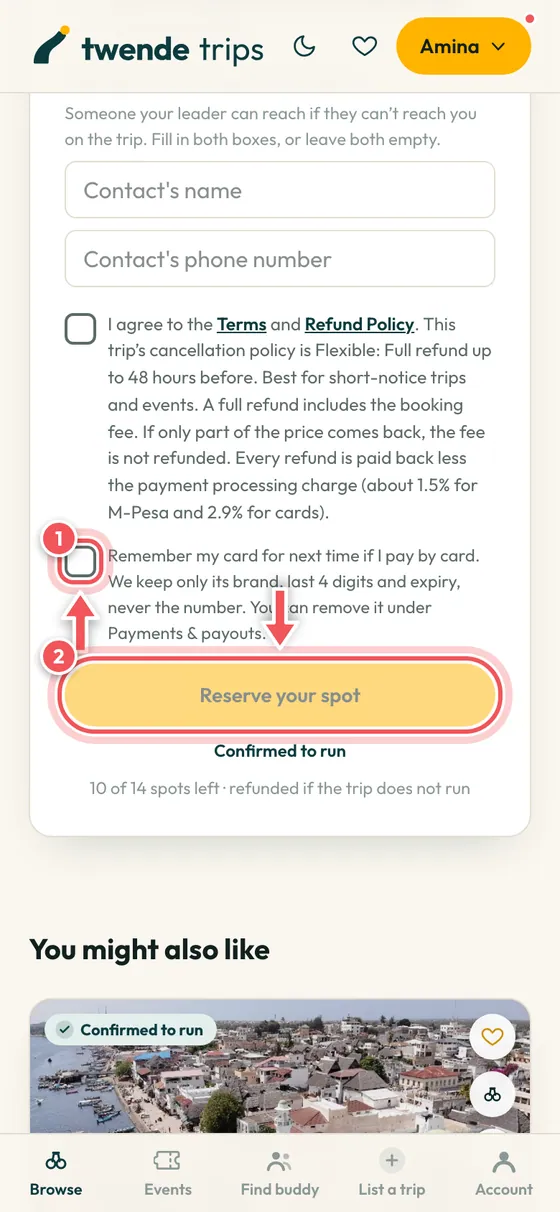 The bottom of the booking panel with Remember my card and the Reserve your spot button circled.
