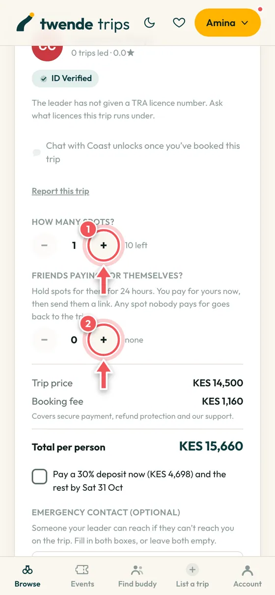 The booking panel with the plus buttons for spots and for friends circled.