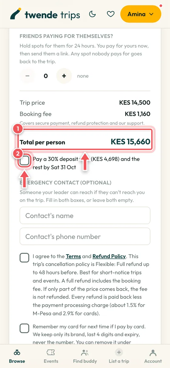 The booking panel with the total per person and the deposit box circled.