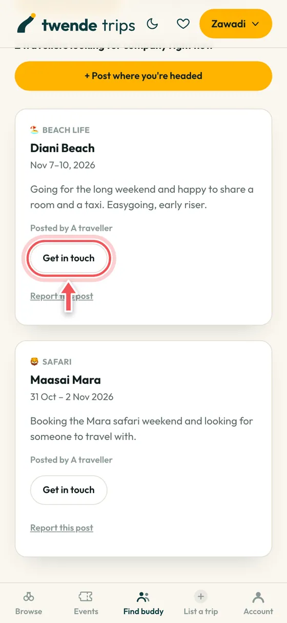 A buddy post with the Get in touch button circled.