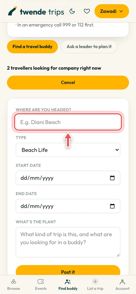 The post form with the destination box circled.
