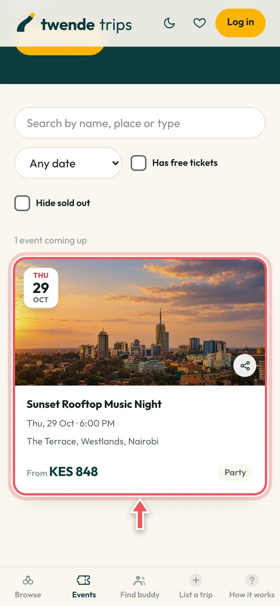 The Events page with an event card circled.