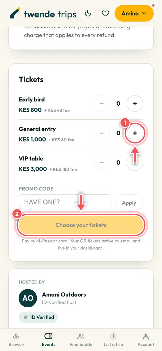 An event page with the ticket plus button and Choose your tickets circled.