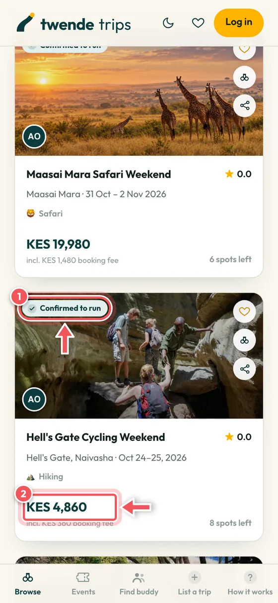 A trip card with the Confirmed to run badge and the price circled.
