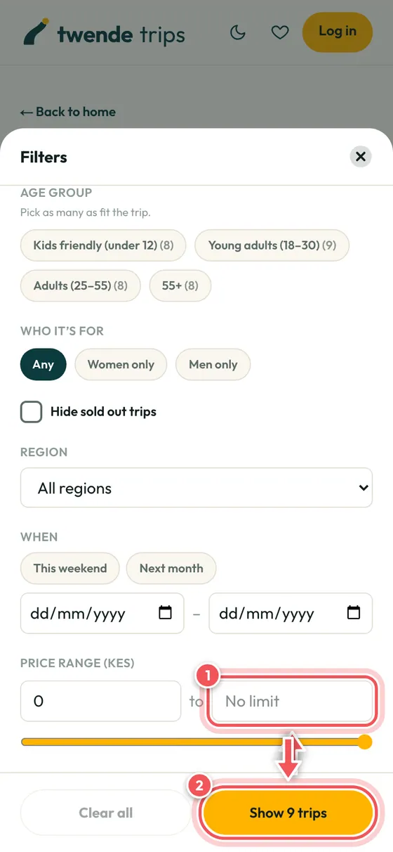 The Filters panel with the price range and the Show trips button circled.