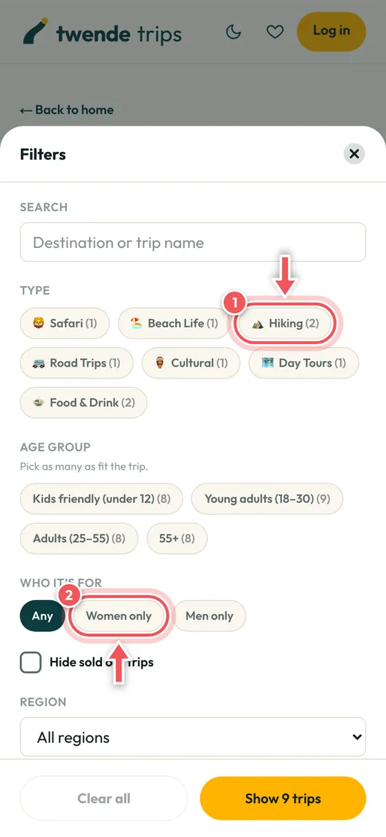 The Filters panel with a trip type and Women only circled.