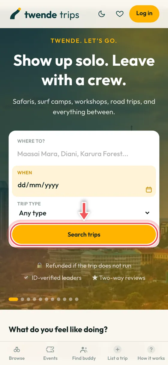The home page search box with the Search trips button circled.