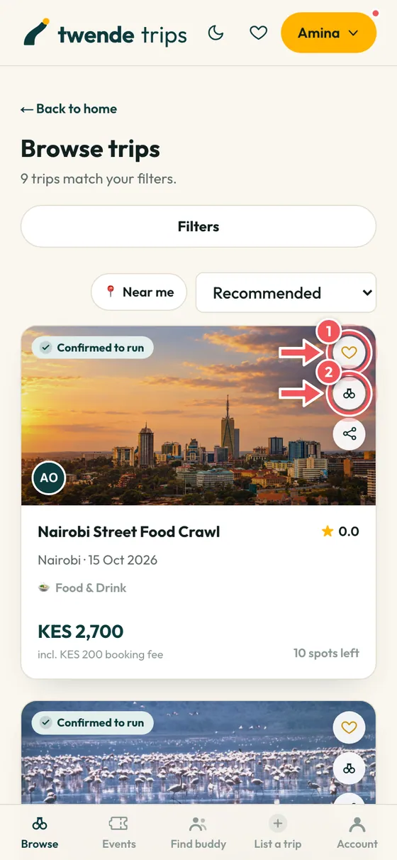 A trip card with the heart and the binoculars circled.