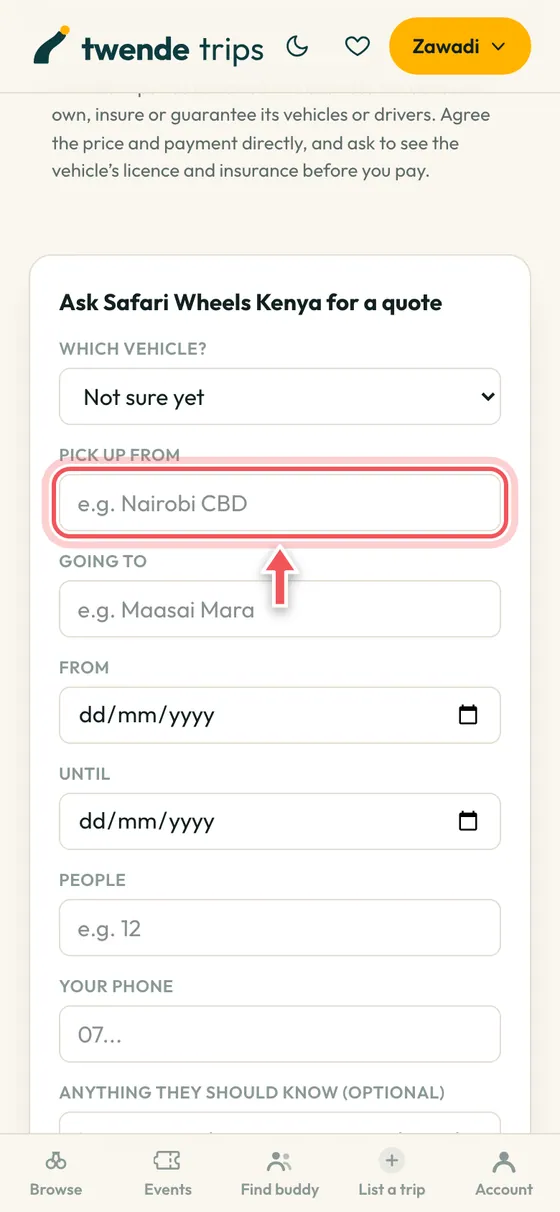 A vehicle owner's page with the quote form's first box circled.
