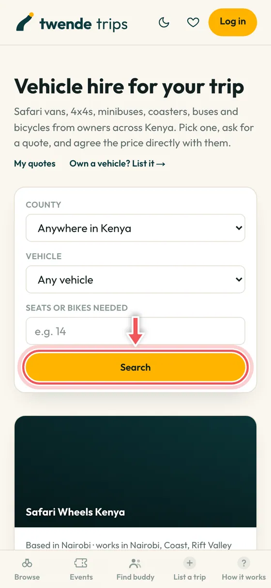 The vehicle hire page with the Search button circled.