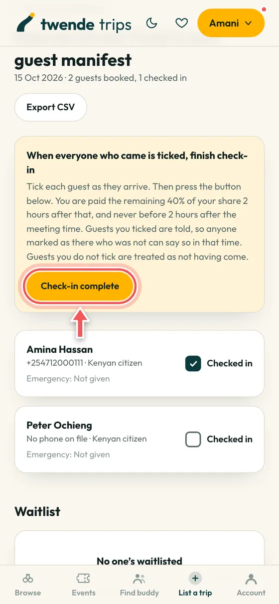 The manifest with the Check-in complete button circled.