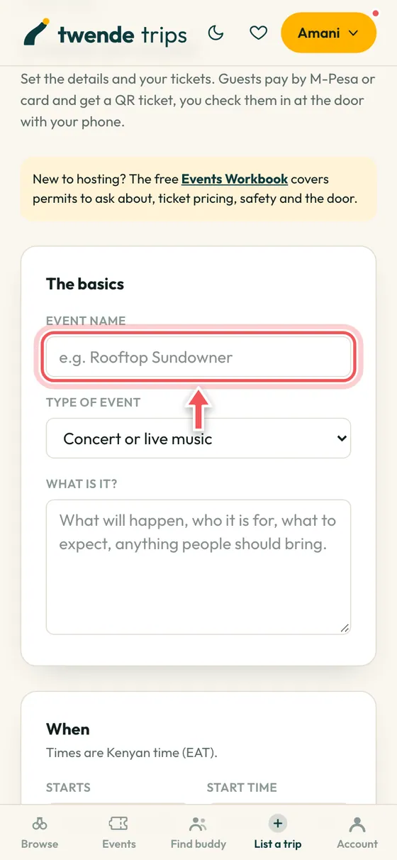 The new event form with the event name box circled.