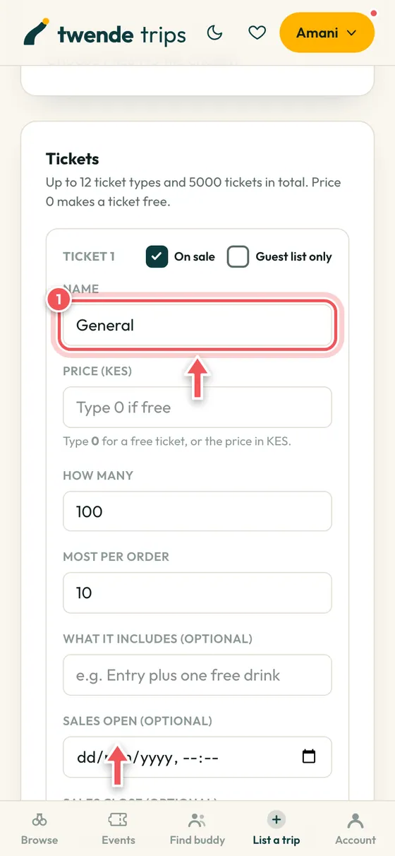 The ticket section of the new event form, circled.