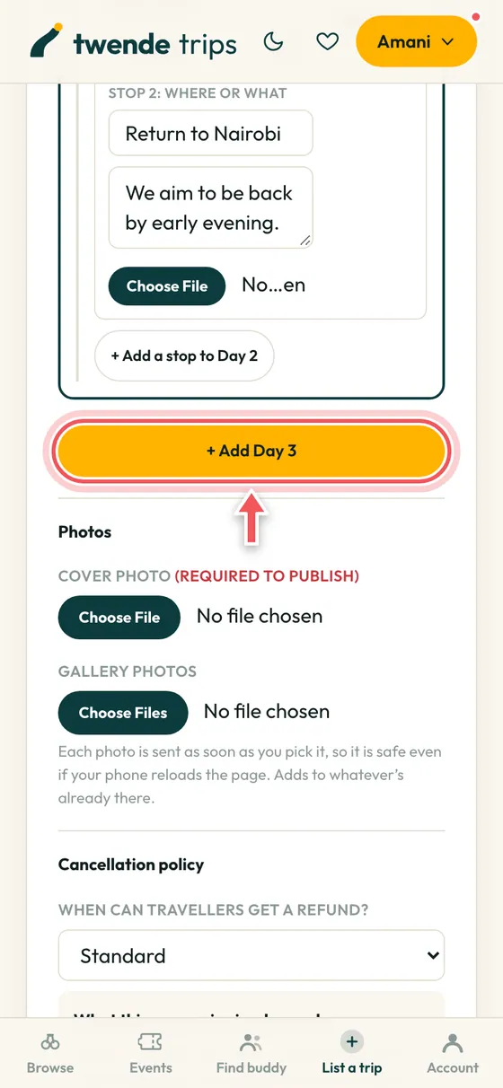 The itinerary builder with the Add Day button circled.