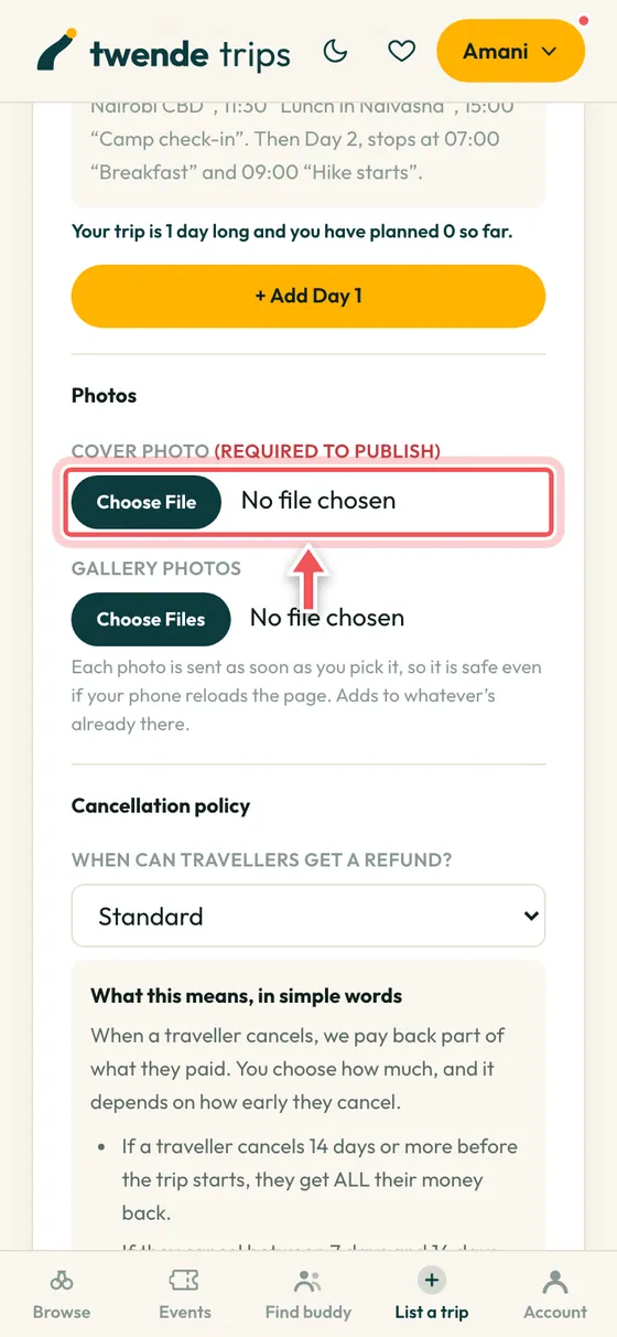 The photo boxes of the new trip form, circled.