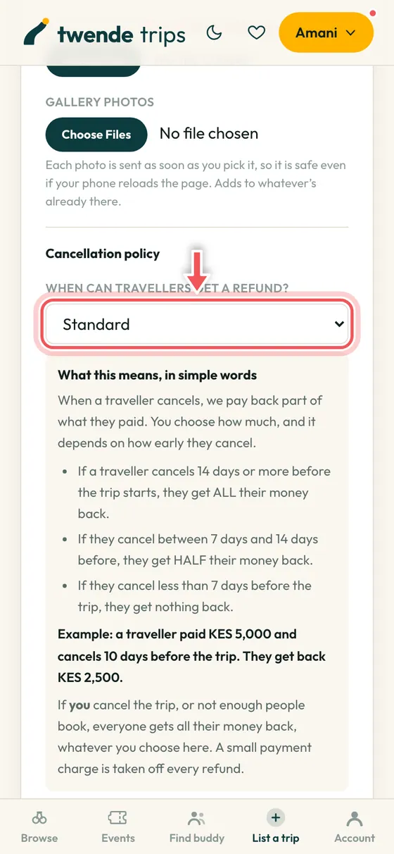 The cancellation policy box of the new trip form, circled.