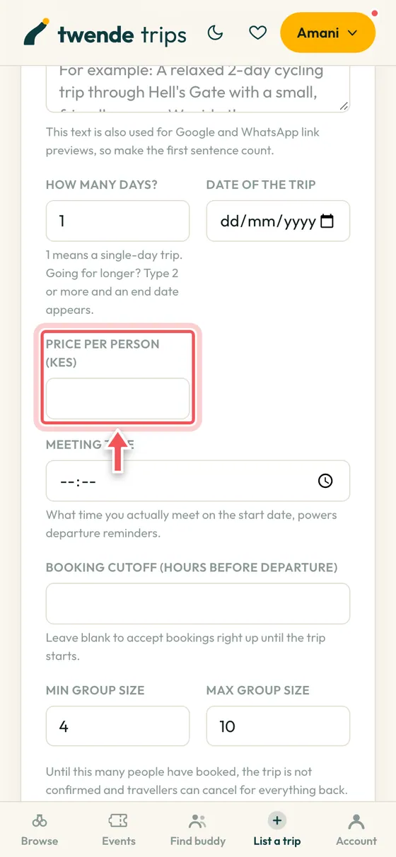 The new trip form with the price box circled.