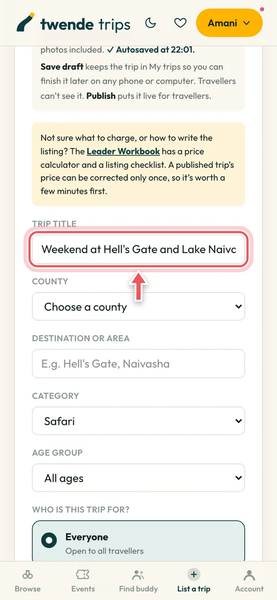 The new trip form with the title box circled.