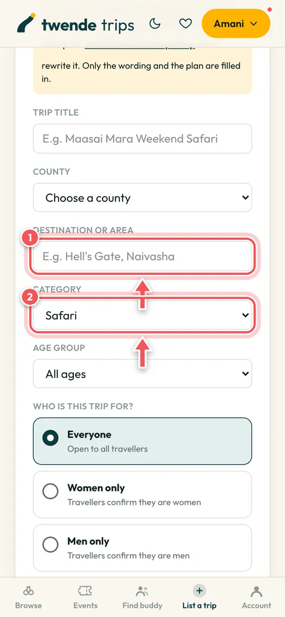 The new trip form with the destination and category boxes circled.