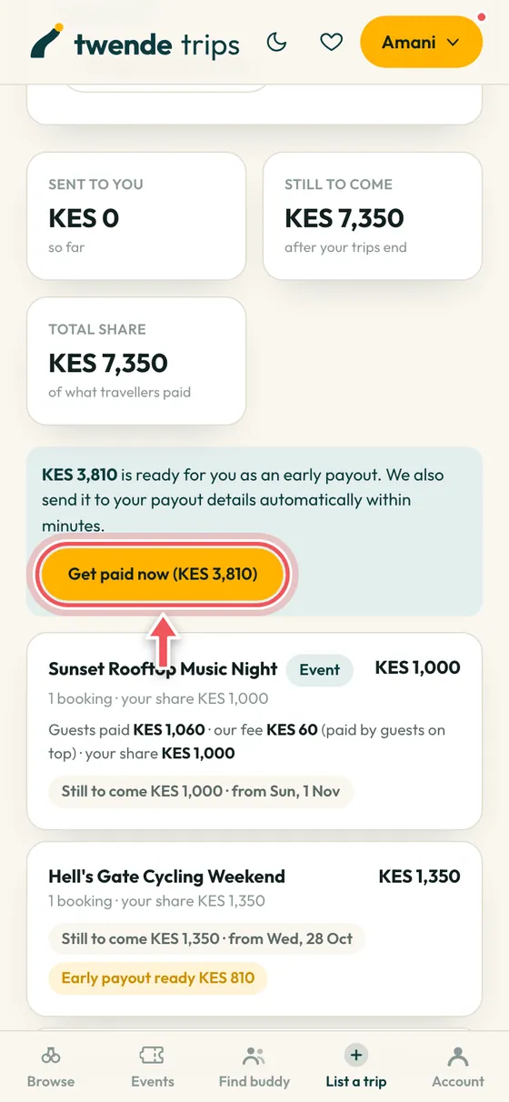 The Payouts tab with the Get paid now button circled.