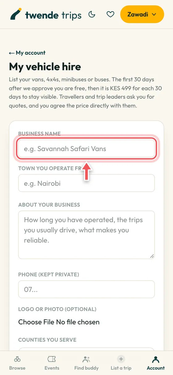 The vehicle business form with the business name box circled.