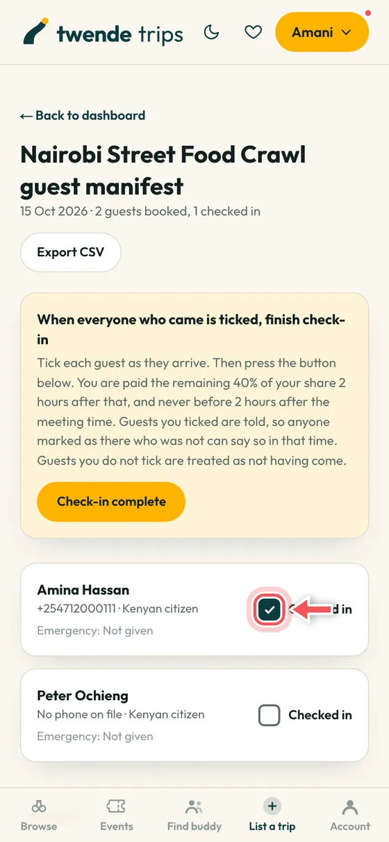 The guest manifest with a Checked in box circled.