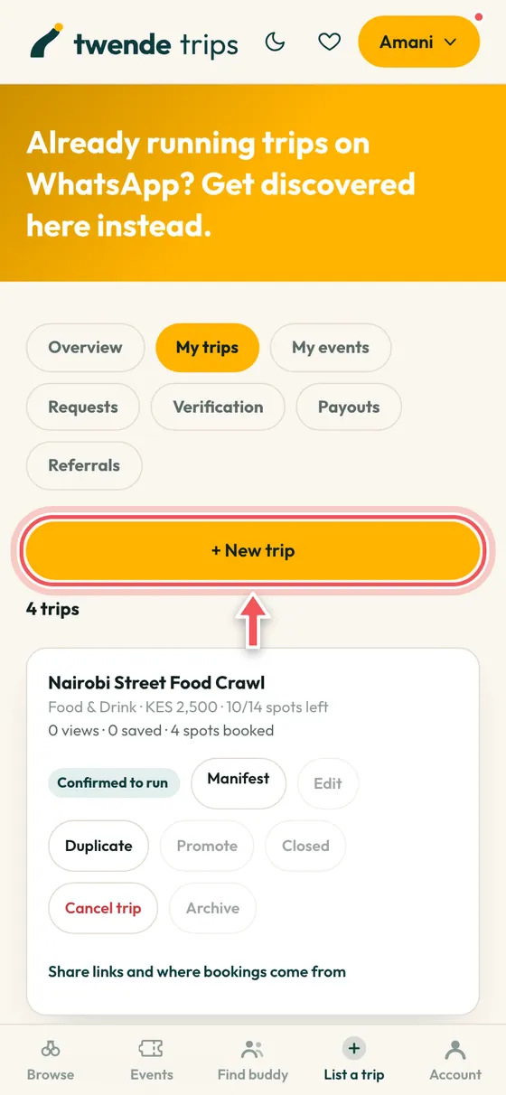 The My trips tab with + New trip circled.
