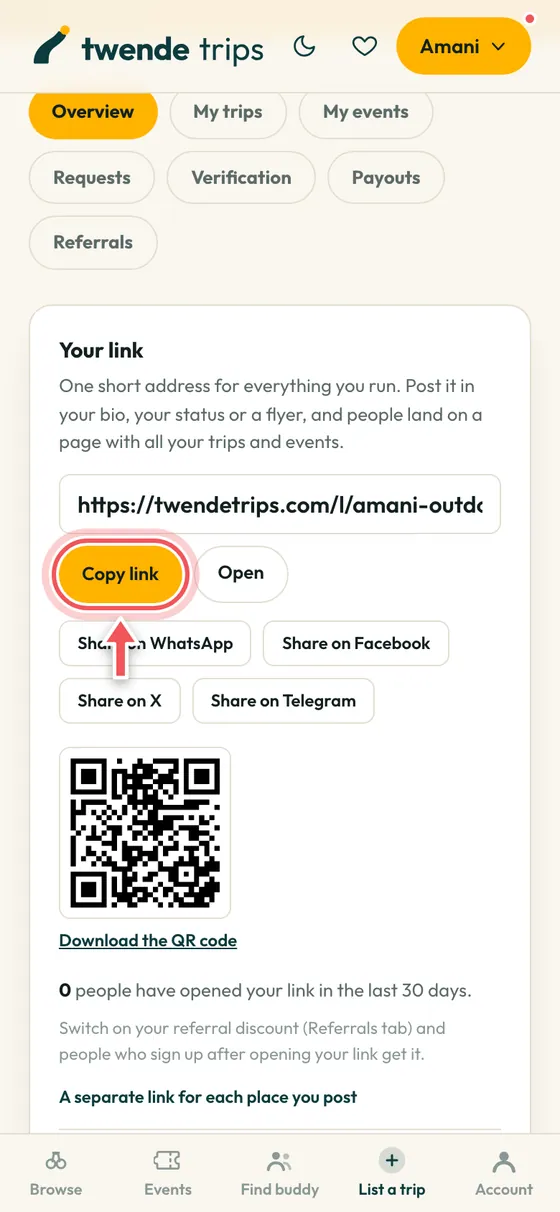 The leader dashboard with the Copy link button circled.
