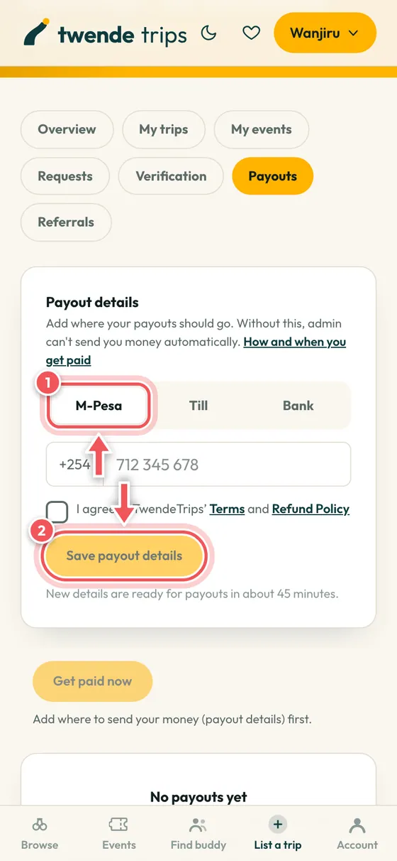 The Payouts tab with M-Pesa and Save payout details circled.