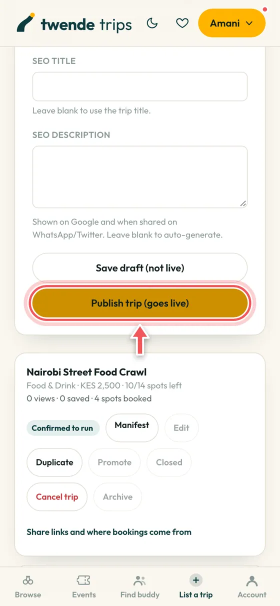 The bottom of the new trip form with Publish circled.
