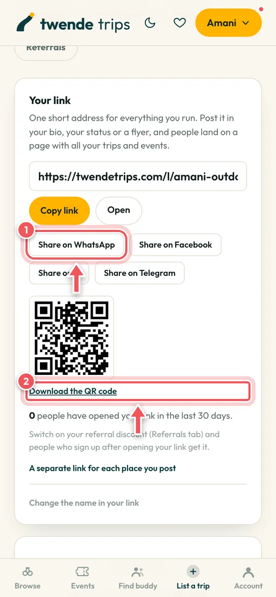 The share buttons and the QR code download circled.
