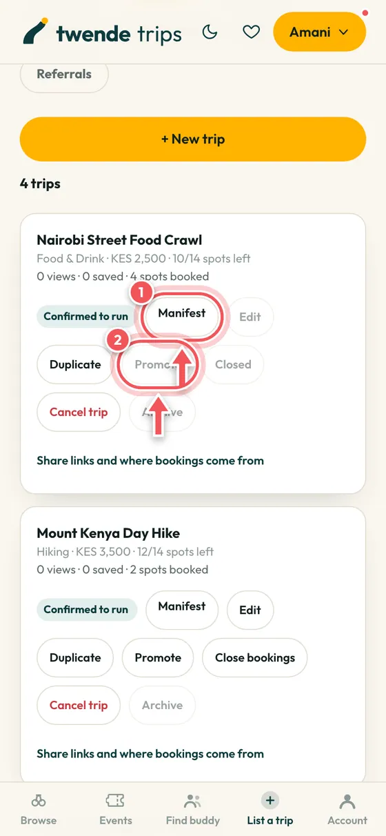 A trip in My trips with Manifest and Promote circled.