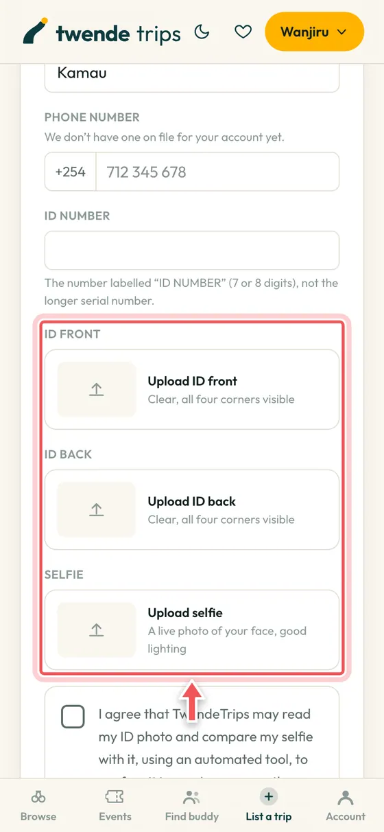 The identity verification form with the ID and selfie boxes circled.