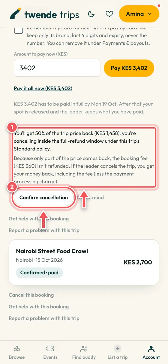 The cancel screen showing the refund amount and the Confirm cancellation button, circled.