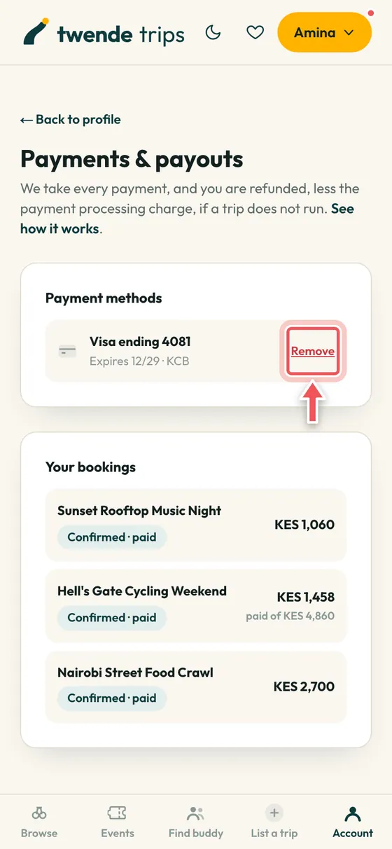 The Payments and payouts page with a saved card and its Remove button circled.