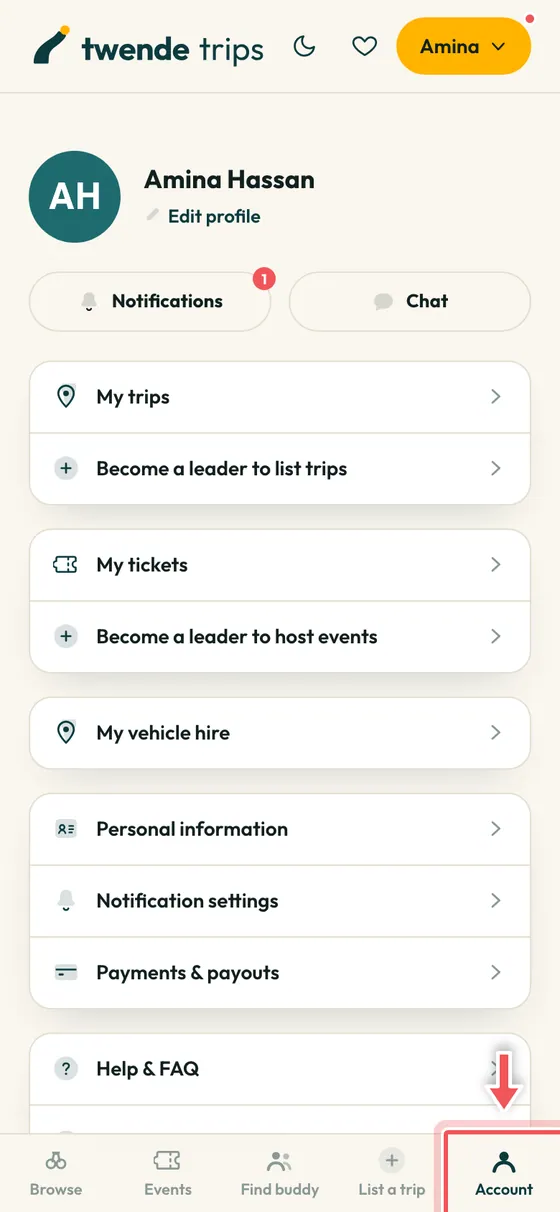 The Account page with the Account tab at the bottom circled.