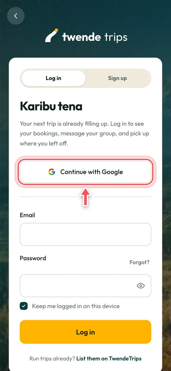 The log in screen with Continue with Google circled.