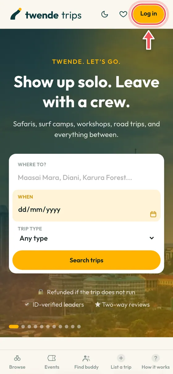The home page with the Log in button circled at the top right.
