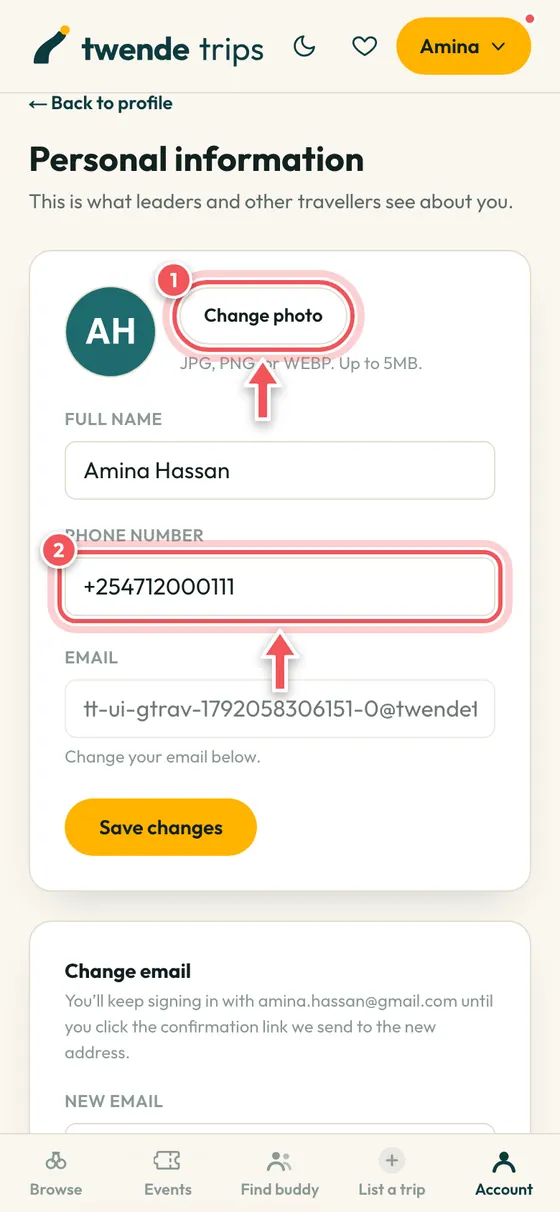 The Personal information page with Change photo and the phone number circled.
