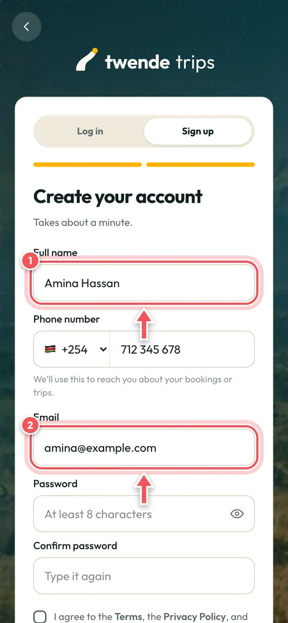 The create account form with the name and email boxes circled.