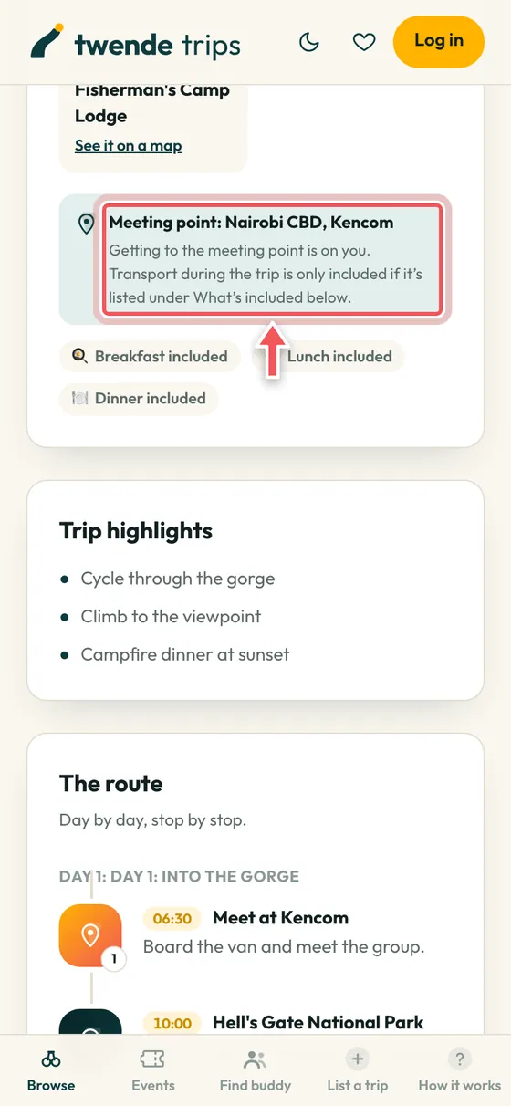 The What's included list on a trip page, circled.