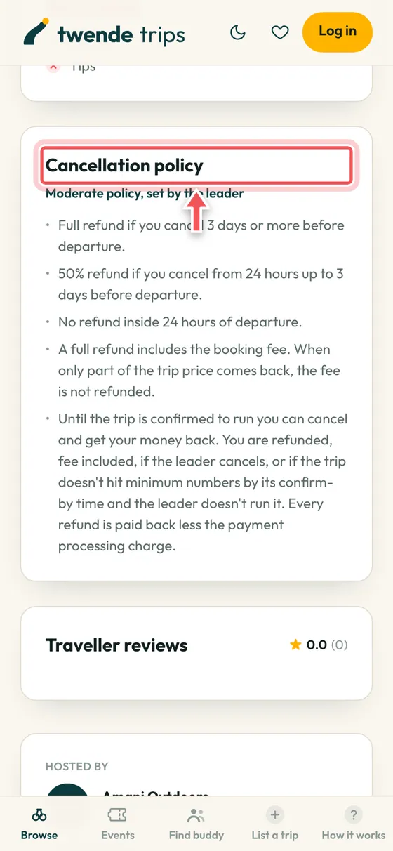 The Cancellation policy section of a trip page, circled.