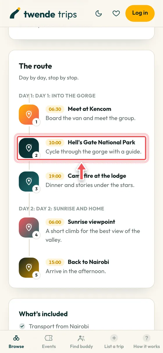 The route section of a trip page with one stop circled.