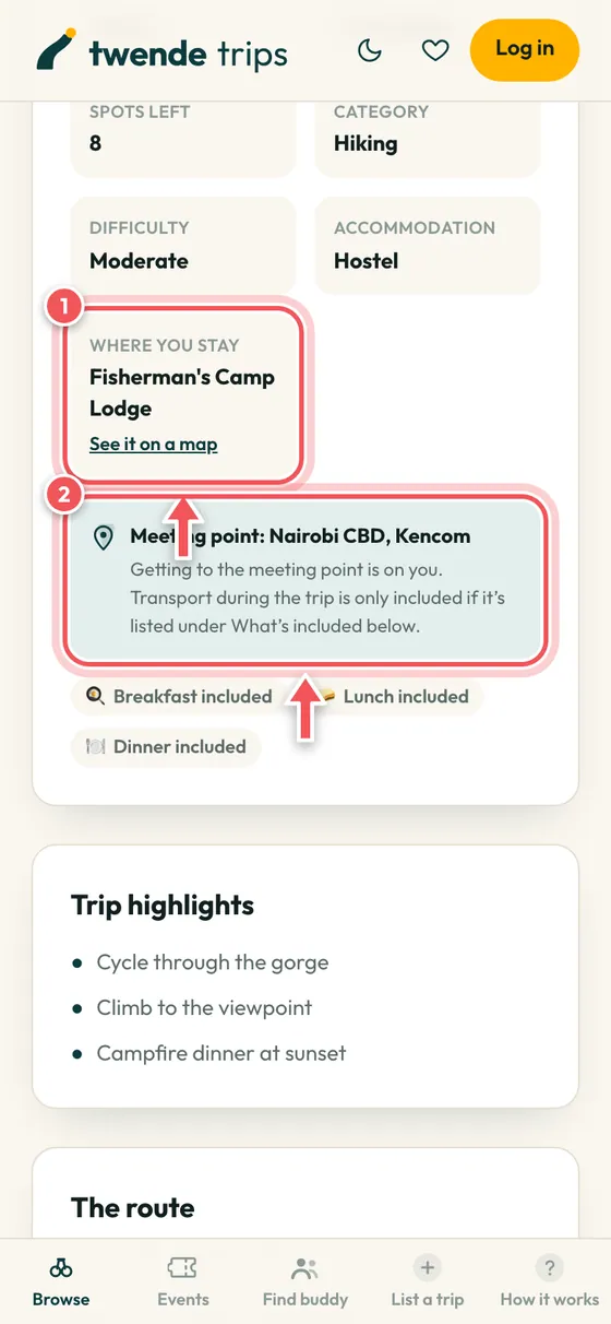A trip page with the Where you stay box and the meeting point circled.