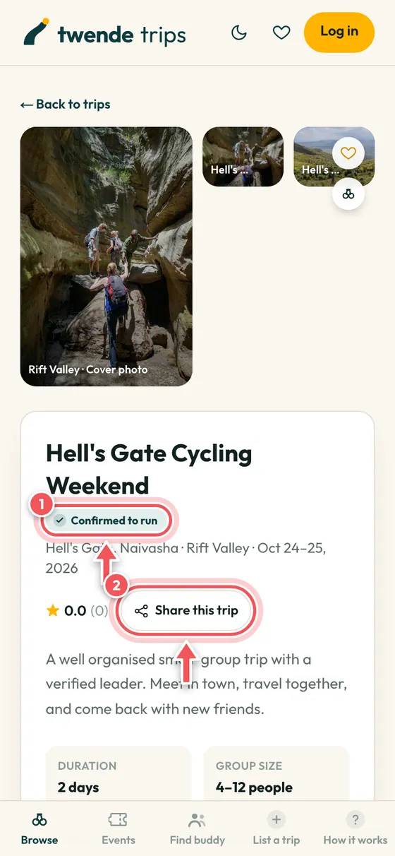 The top of a trip page with Confirmed to run and Share this trip circled.